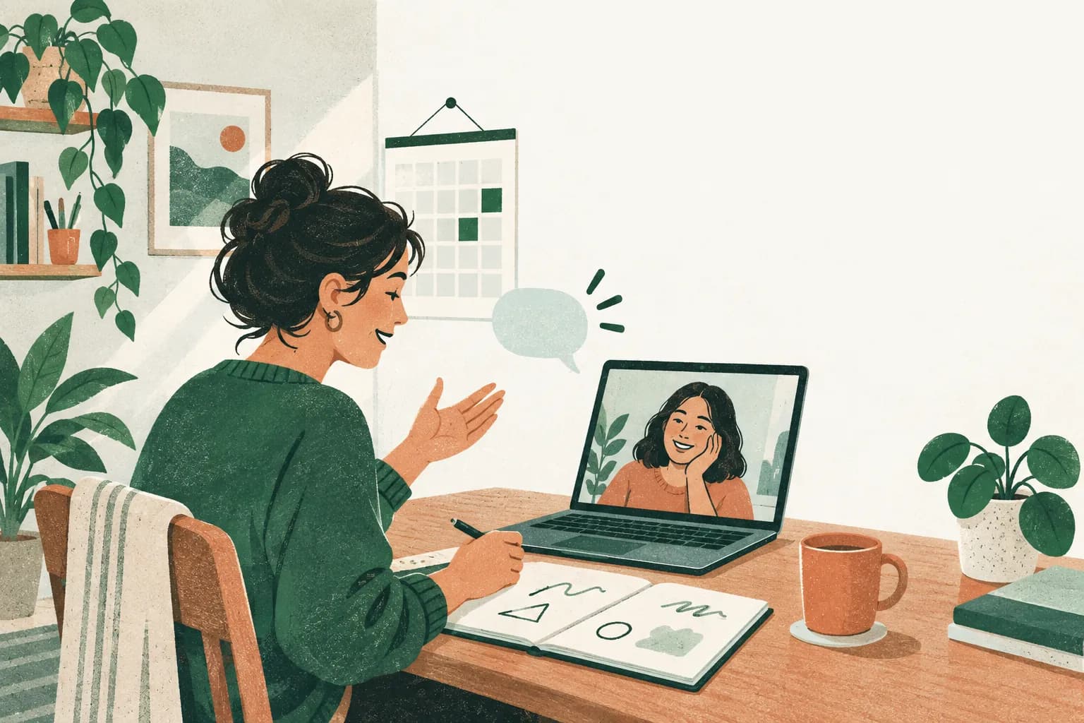 Illustration of a language teacher at a home desk, teaching a smiling student over a video call